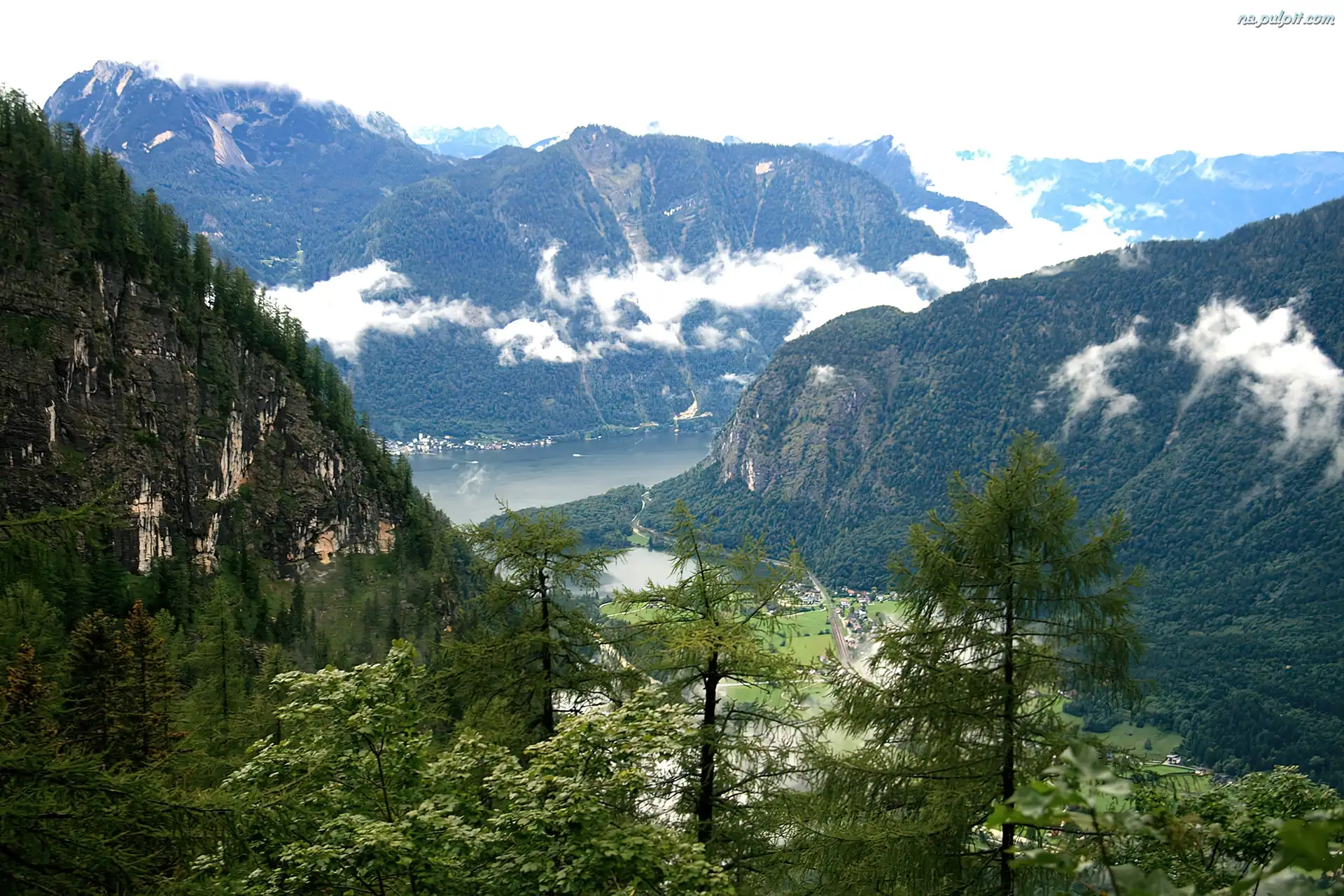 Austria, Drzewa, Góry, Jezioro, Dachstein